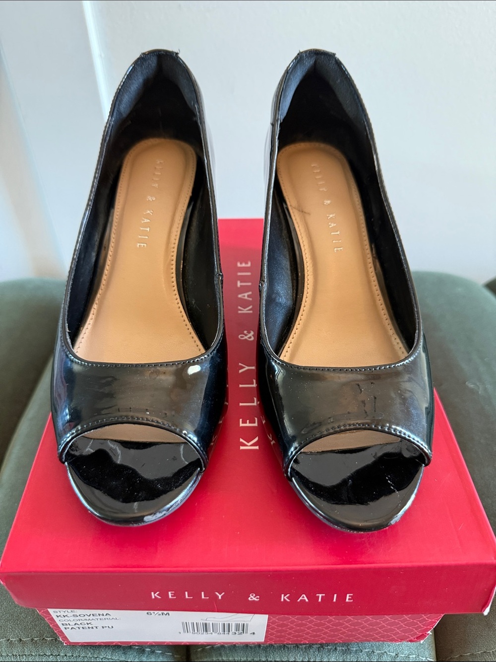 Kelly & Katie Black Patent Peep-Toe Wedge Pumps